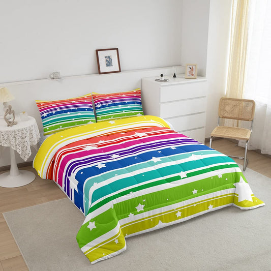 Colorful Rainbow Bedding Set Rainbow Star Comforter Set for Kids Women Girls Multicolor Stripes Comforter Durable Quilt Set 1 Comforter Set with 1 Pillowcase Twin Size