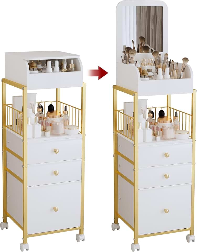 Large Gold Makeup and Skincare Organizer with Mirror