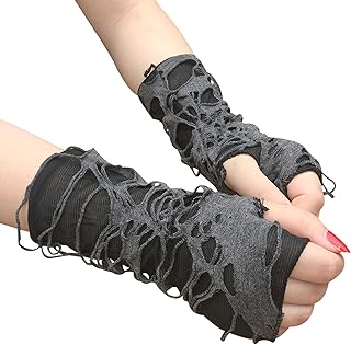 Women's Black Ripped Fingerless Gothic Gloves for Halloween