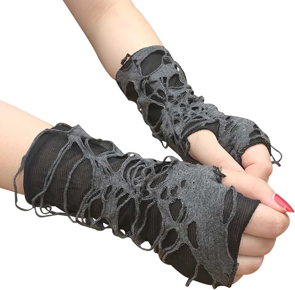 Women's Black Ripped Fingerless Gothic Gloves for Halloween