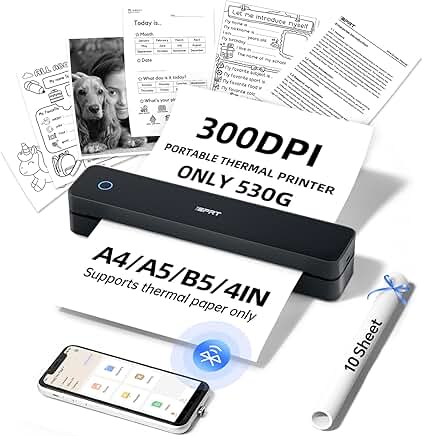 Portable Thermal Printer with 300DPI, Wireless, Supports Various Paper Sizes