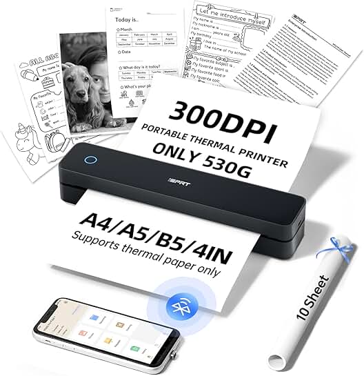 Portable Thermal Printer with 300DPI, Wireless, Supports Various Paper Sizes