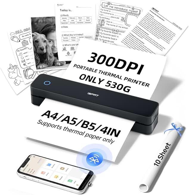 Portable Thermal Printer with 300DPI, Wireless, Supports Various Paper Sizes