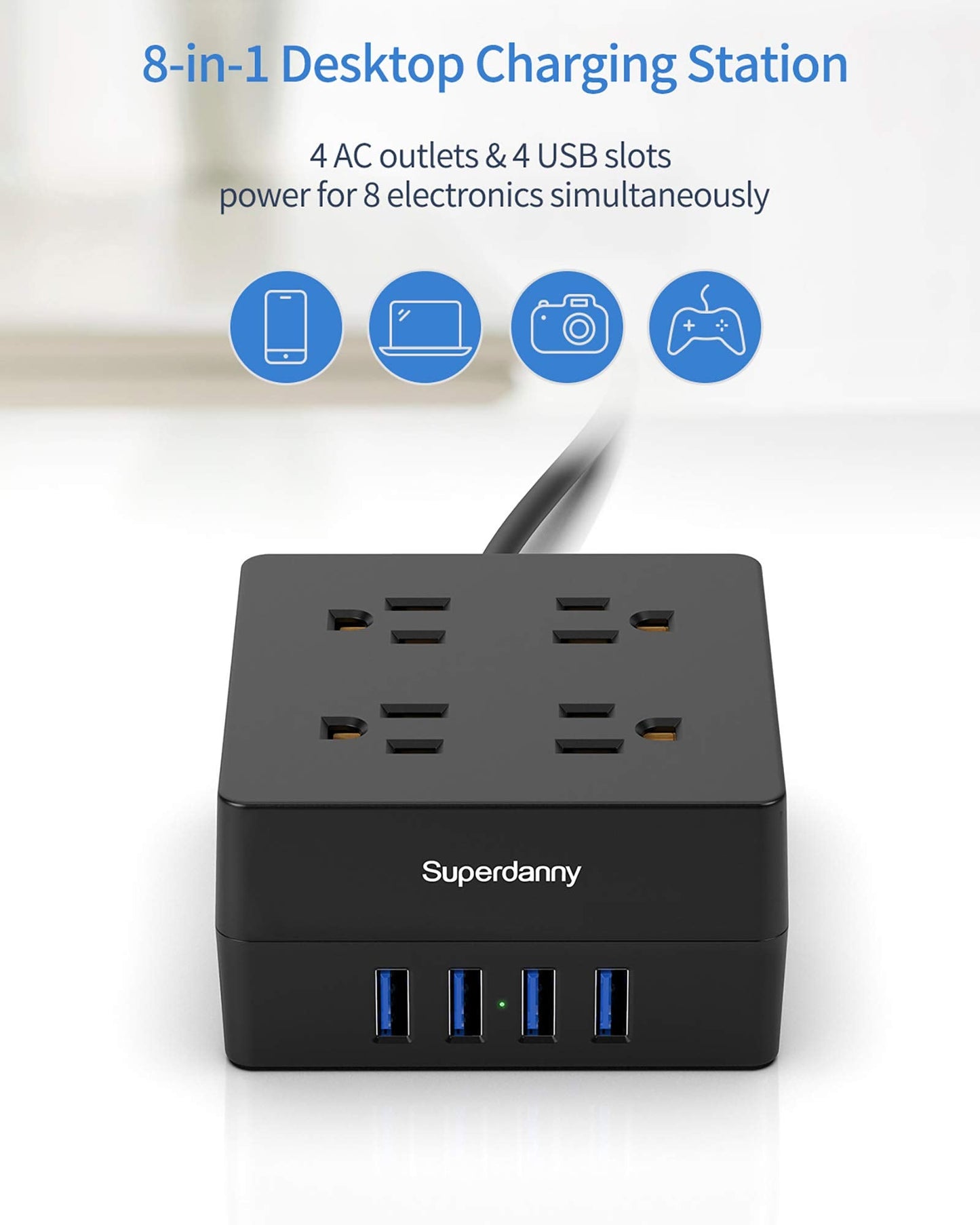 Power Strip, 4-Outlet 4-USB Surge Protector, 5 Ft Extension Cord, 900 Joules, Overload Switch, Grounded, Mountable, Desktop Charging Station for Home, Office, School, Dorm, Computer, Black