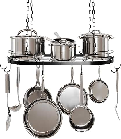 Oval metal pot rack with hooks for kitchen storage
