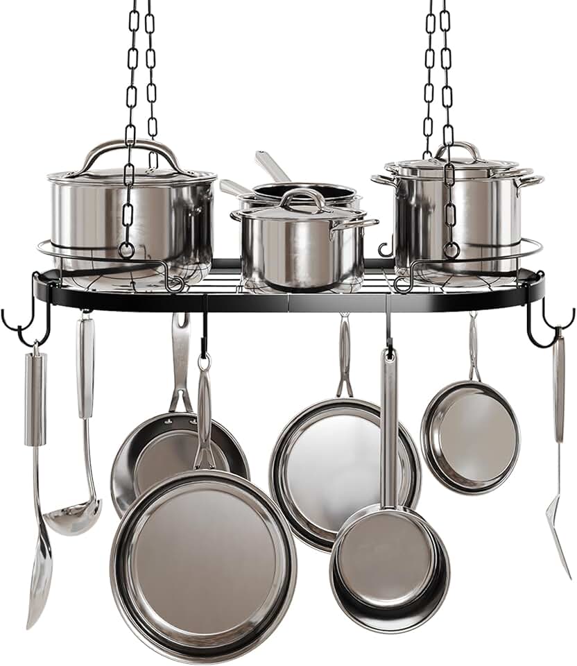 Oval metal pot rack with hooks for kitchen storage