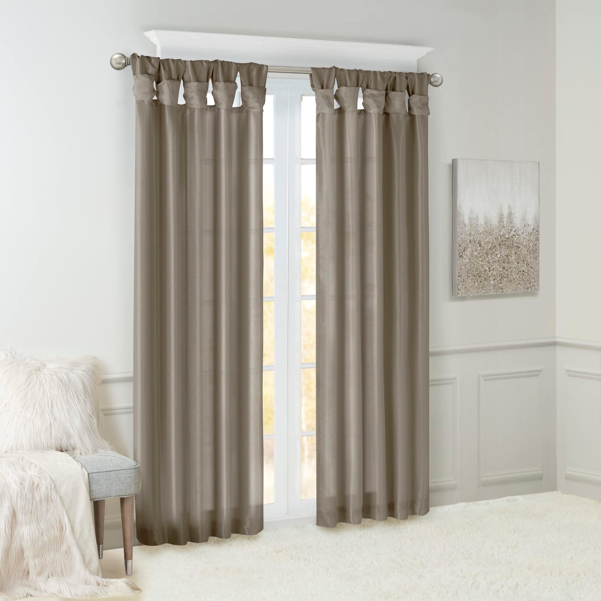 Emilia Faux Silk Single Curtain with Privacy Lining, DIY Twist Tab Top, Window Drape for Living Room, Bedroom and Dorm, 50x95, Pewter Brown