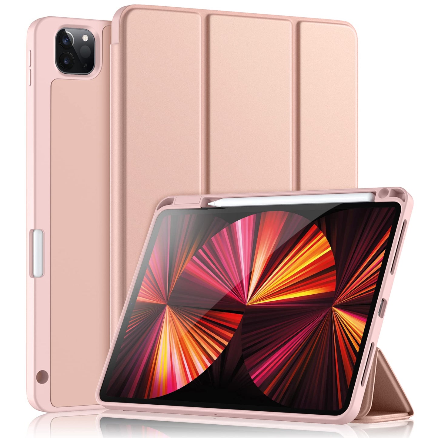 Compatible with iPad Pro 11 Inch Case 3rd/2nd Generation with Pencil Holder, for iPad 11 Pro Case 2021/2020, Trifold Slim Protective Cover with Soft TPU Back, Auto Wake/Sleep, Rose Pink