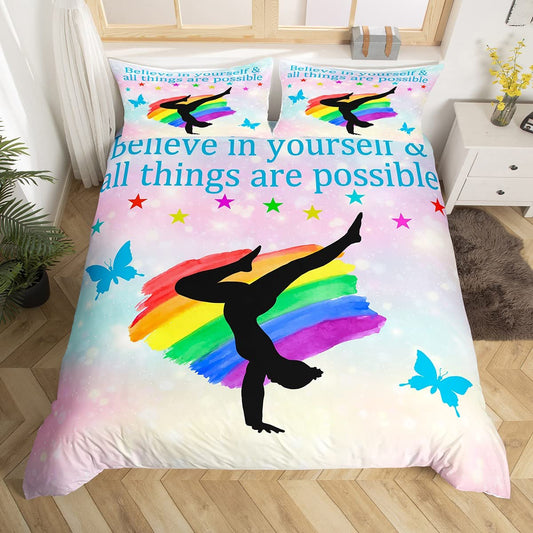 Gymnastics Dance Lovers Bedding Set Queen,Watercolor Butterfly Star Sky Duvet Cover 3pcs for Kids Teens Girls Room Decor,Beauty Silhouette Comforter Cover Rainbow Graffiti Quilt Cover,2 Pillowcases