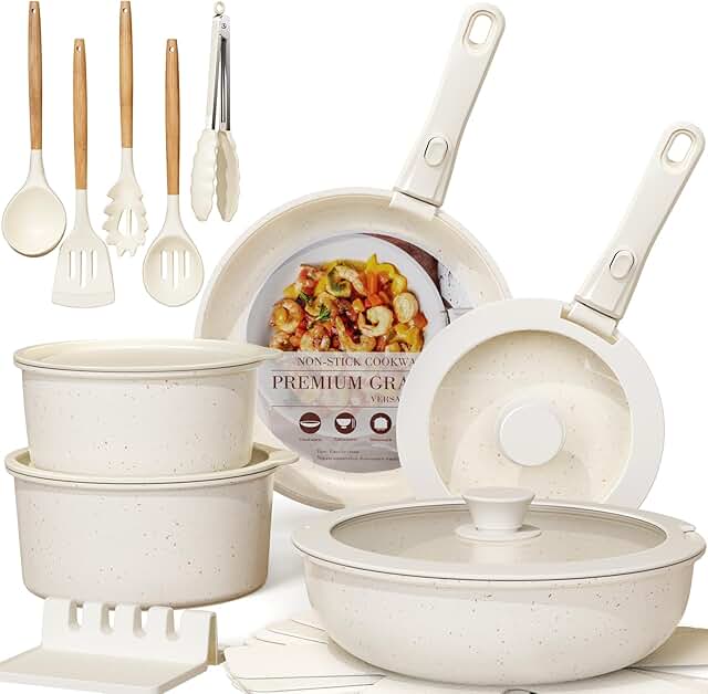 21-Piece Ceramic Non-Stick Cookware Set with Detachable Handles