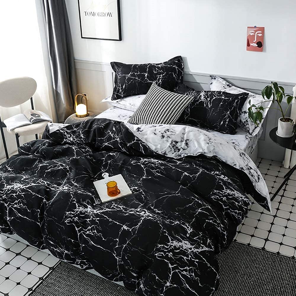 Black Marble Duvet Cover Full with Zipper Reversible White Marble Bedding Set 3 Pcs Black and White Marble Texture Comforter Cover, Modern Style Bed Quilt for Men and Women