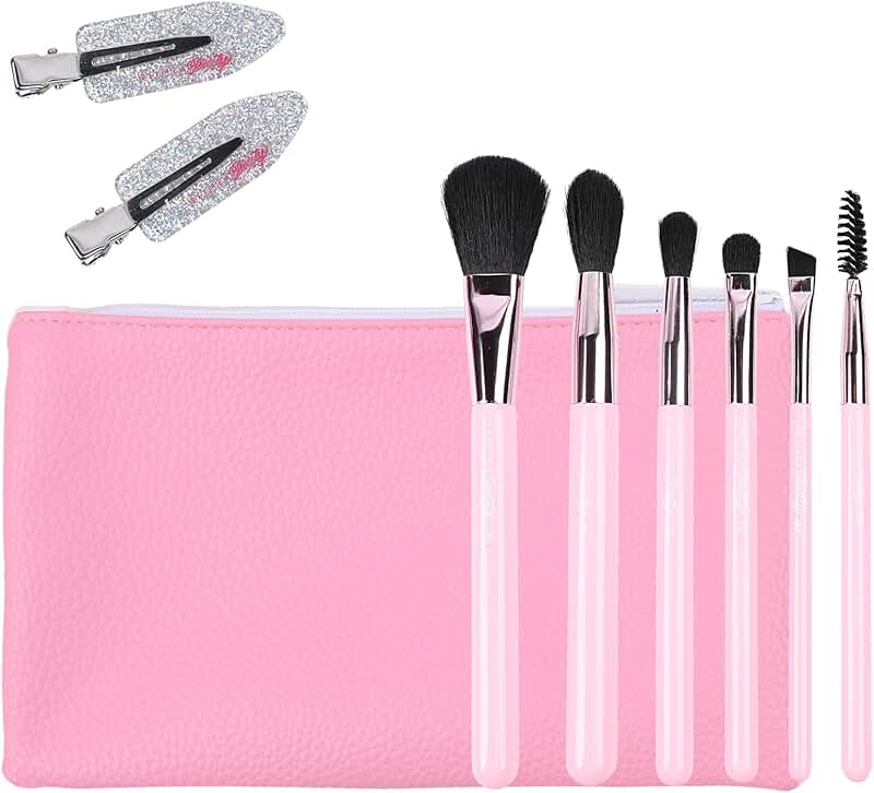Essential Eyeshadow Brush Set with Duck Clips and Pink Bag