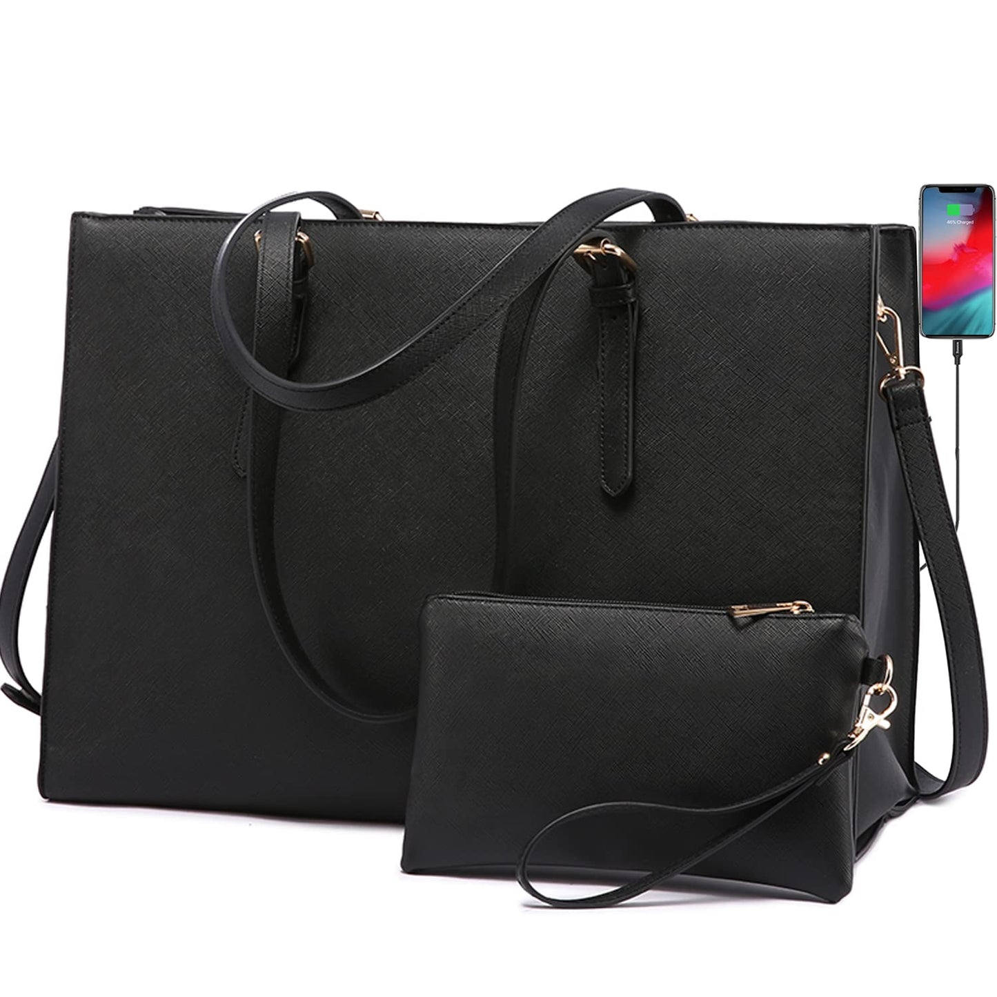 Laptop Bag for Women, Fashion Computer Tote Bag Large Capacity Handbag, Leather Shoulder Bag Purse Set, Professional Business Work Briefcase for Office Lady 2PCs, Fit 15.6 Inch Laptop, Black
