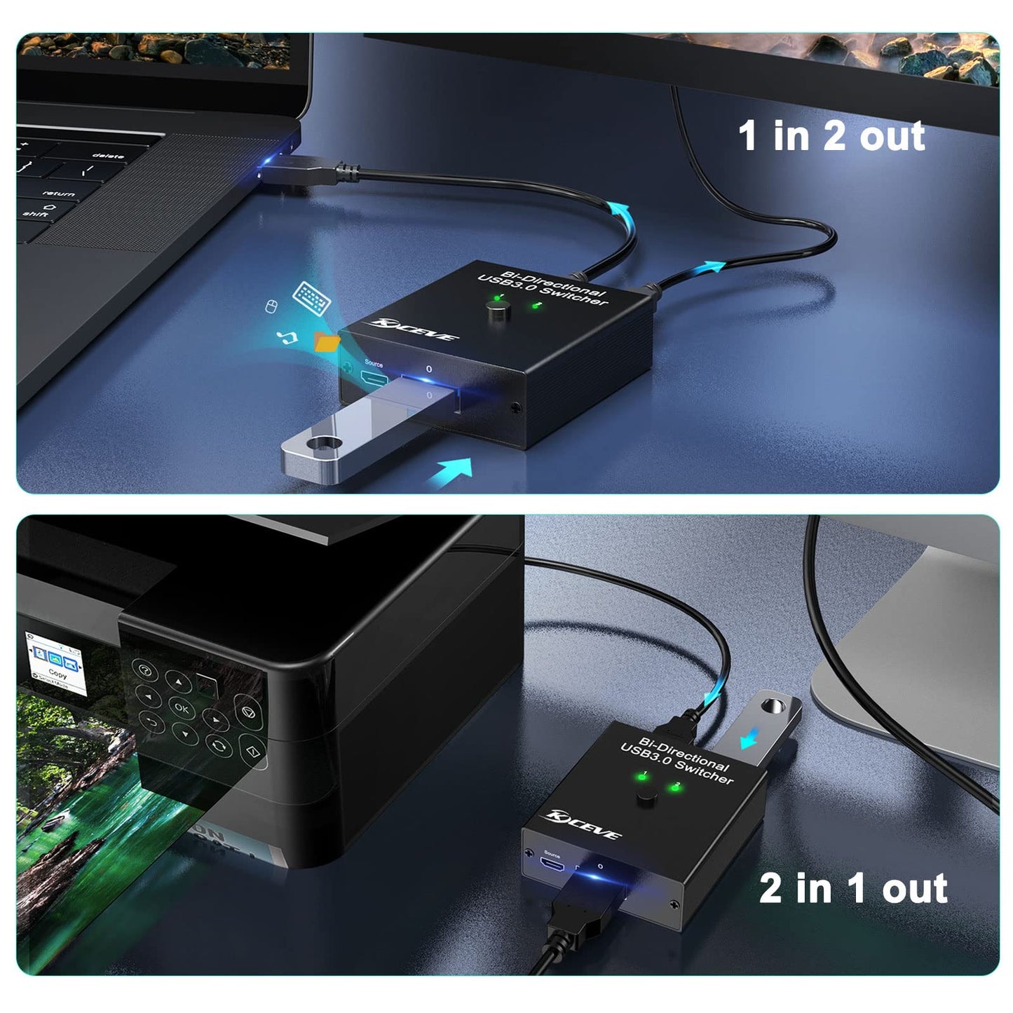 USB 3.0 Switch Selector, Bi-Directional USB Switch 2 in 1 Out / 1 in 2 Out, USB Switcher for 2 Computers Share Keyboard Mouse Scanner Printer, Desktop Controller and 2 USB3.0 Cables Included