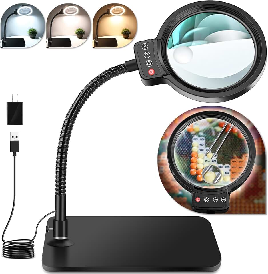 Square magnifying glass with light and stand, 72 LED, 3 color modes