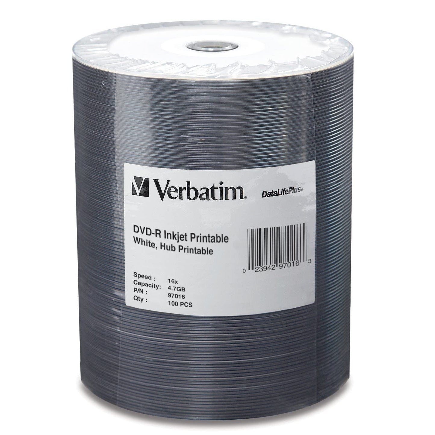 DVD-R 4.7GB 16X DataLifePlus White Inkjet Printable, Hub Printable - 100pk Tape Wrap, 0.1 (97016)