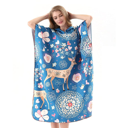 Poncho Towel Surfing Beach Snorkeling Swimming Towel Printing Windproof Quick-Drying Bathrobe Cloak with Hood Color  A, Size  As Shown)