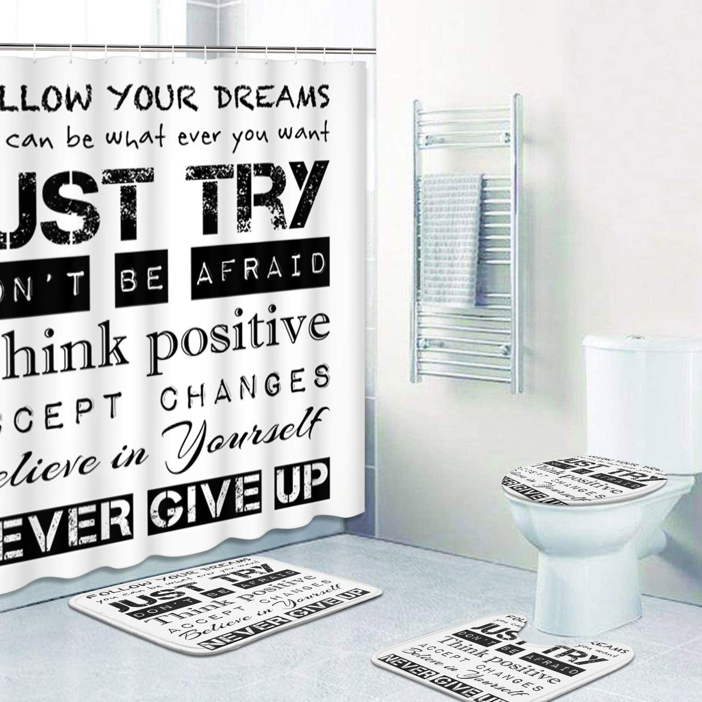 4 Pcs Shower Curtain Set Just Try Never Give Up Inspirational Lifestyle Motivate with Non- Rugs Tet Lid Cover and Bath Mat Bathroom Decor Set 72" X 72"