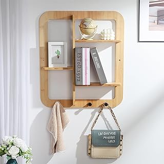 Natural Bamboo Wall Shelves with Hooks for Living Room and Entryway