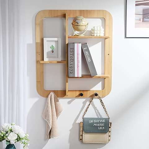 Natural Bamboo Wall Shelves with Hooks for Living Room and Entryway