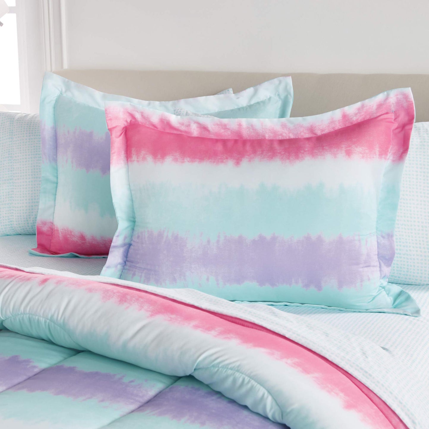 Kids 7-Piece Complete Set Easy-Wash Super Soft Microfiber Comforter Bedding, Full, Purple Multi Tie Dye Stripe
