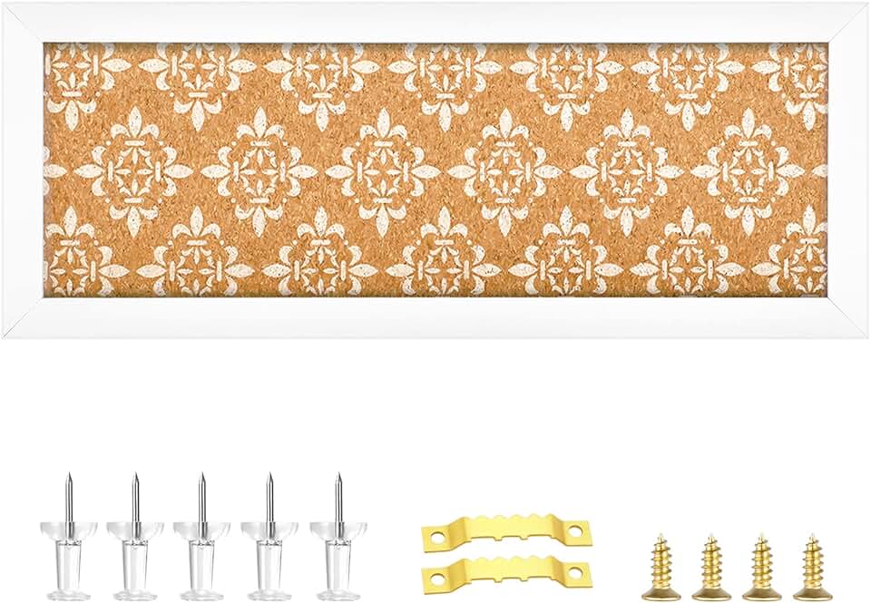Decorative Cork Board with Floral Print and White Frame