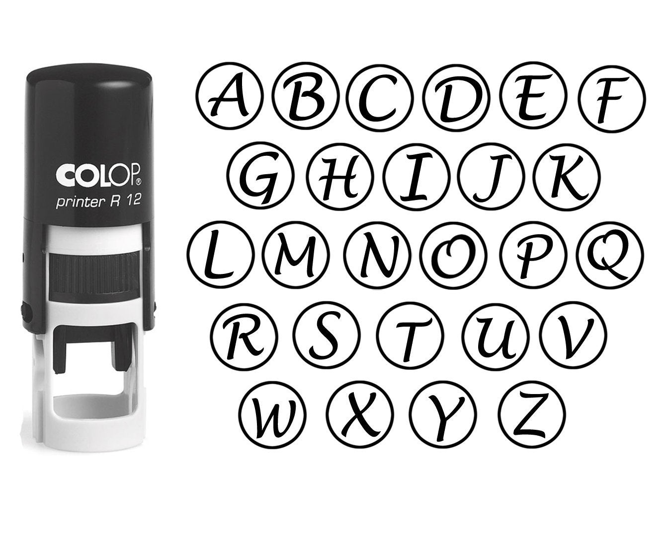 A-Z Alphabet Round Rubber Stamp in Black Ink