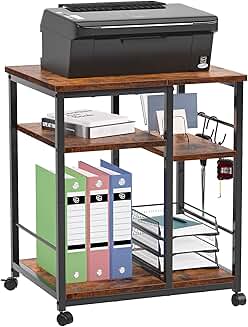 Three-tier mobile printer stand with storage and hooks