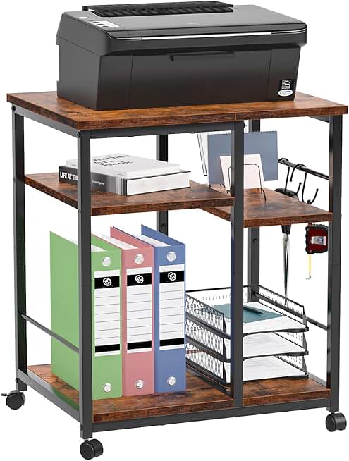 Three-tier mobile printer stand with storage and hooks