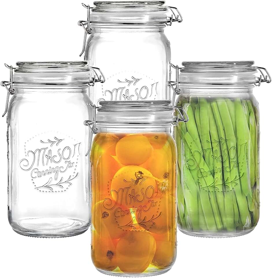 Set of 4 Clear Wide Mouth Glass Mason Jars with Clamp Lids