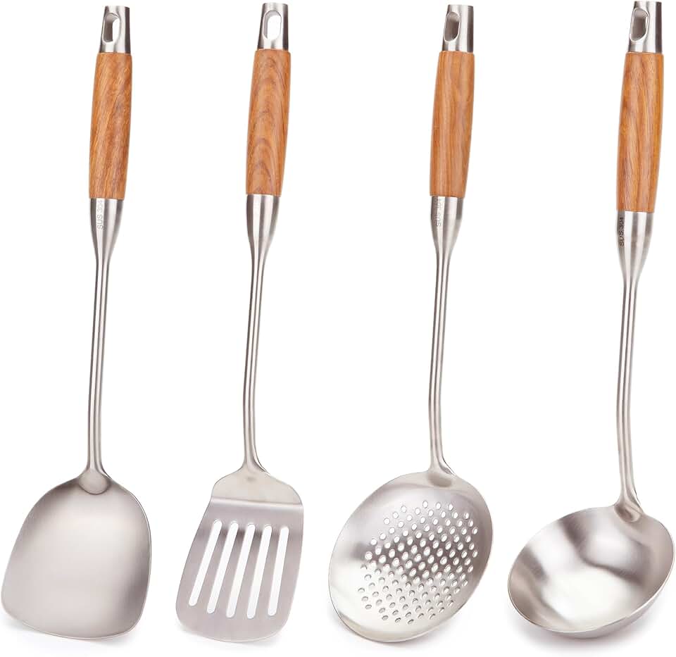 4-Piece Wok Utensil Set with Wooden Handles