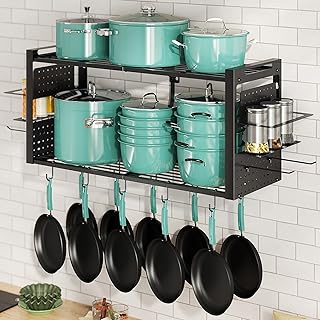 31-Inch Wall-Mounted Pot Rack with Hooks and Spice Shelf