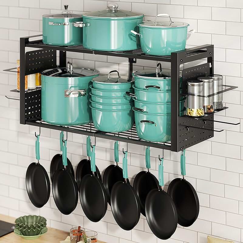 31-Inch Wall-Mounted Pot Rack with Hooks and Spice Shelf