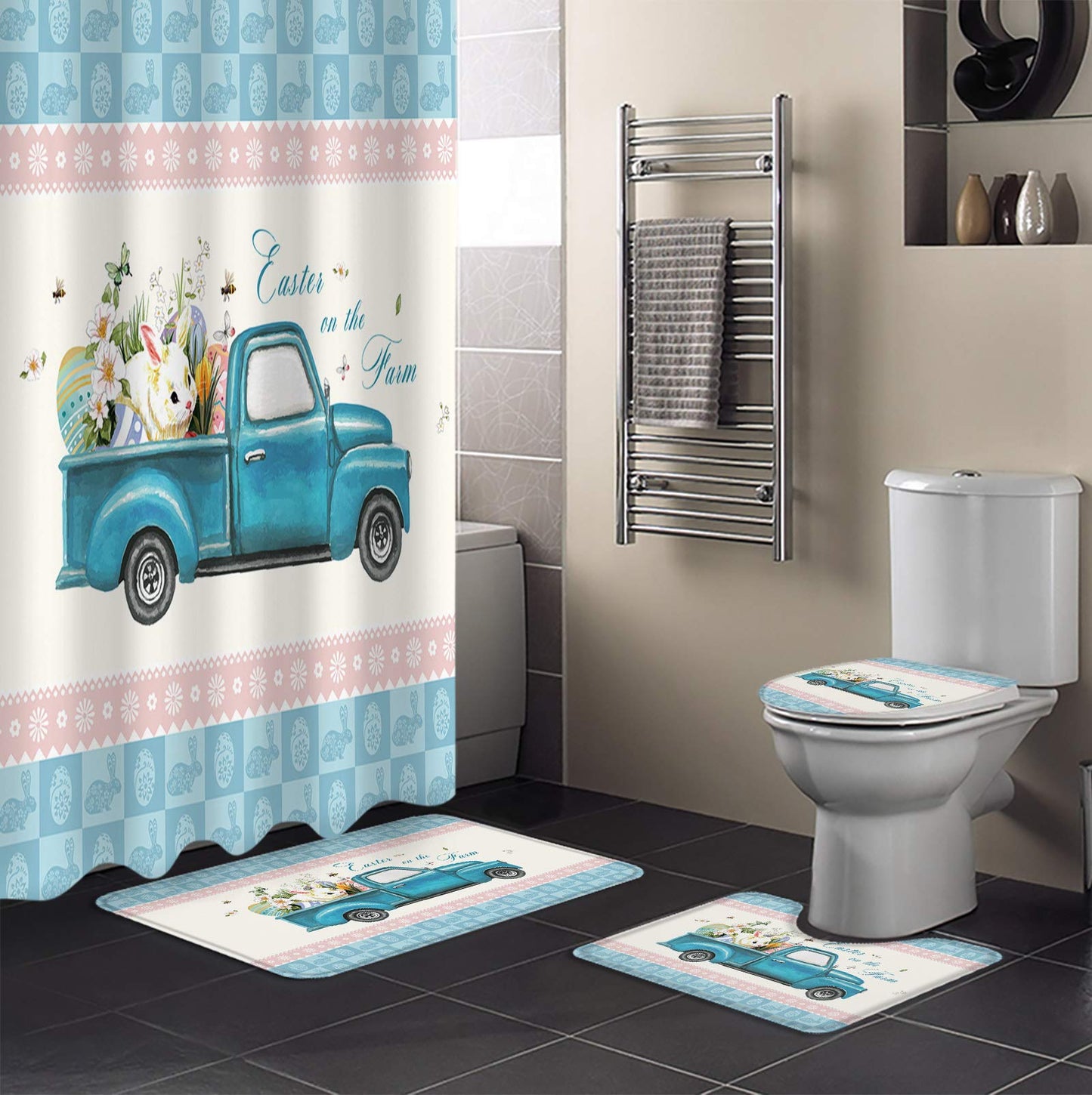 4 Piece Shower Curtain Sets Happy Farm Lovely Bunny Egg Truck Blue Buffalo Plaid Non- Rug, Tet Lid Cover, Bath Mat Waterproof Shower Curtain Bathroom Sets with 12 Hooks Bath Decor