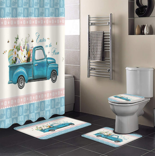 4 Piece Shower Curtain Sets Happy Farm Lovely Bunny Egg Truck Blue Buffalo Plaid Non- Rug, Tet Lid Cover, Bath Mat Waterproof Shower Curtain Bathroom Sets with 12 Hooks Bath Decor