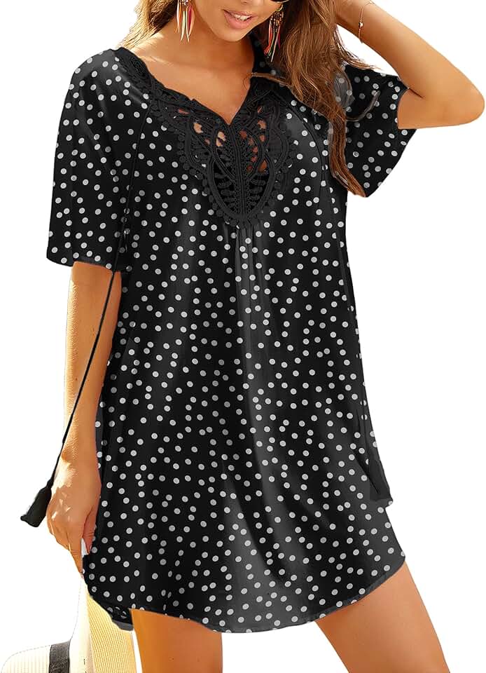 Women's Short Sleeve Lace Crochet Cover Up Dress for Beach