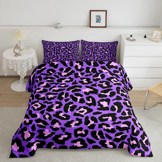 Cheetah Print Bedding Set Twin Purple Leopard Bedding Comforter Sets Pink Wildlife Duvet Insert Abstract Art Quilted Comforter 2 Piece with 1 Pillow Sham Soft,Animal Themed Home Decor