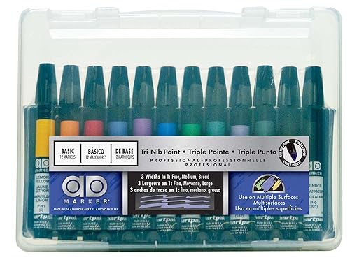 Set of 12 assorted tri-nib markers in case