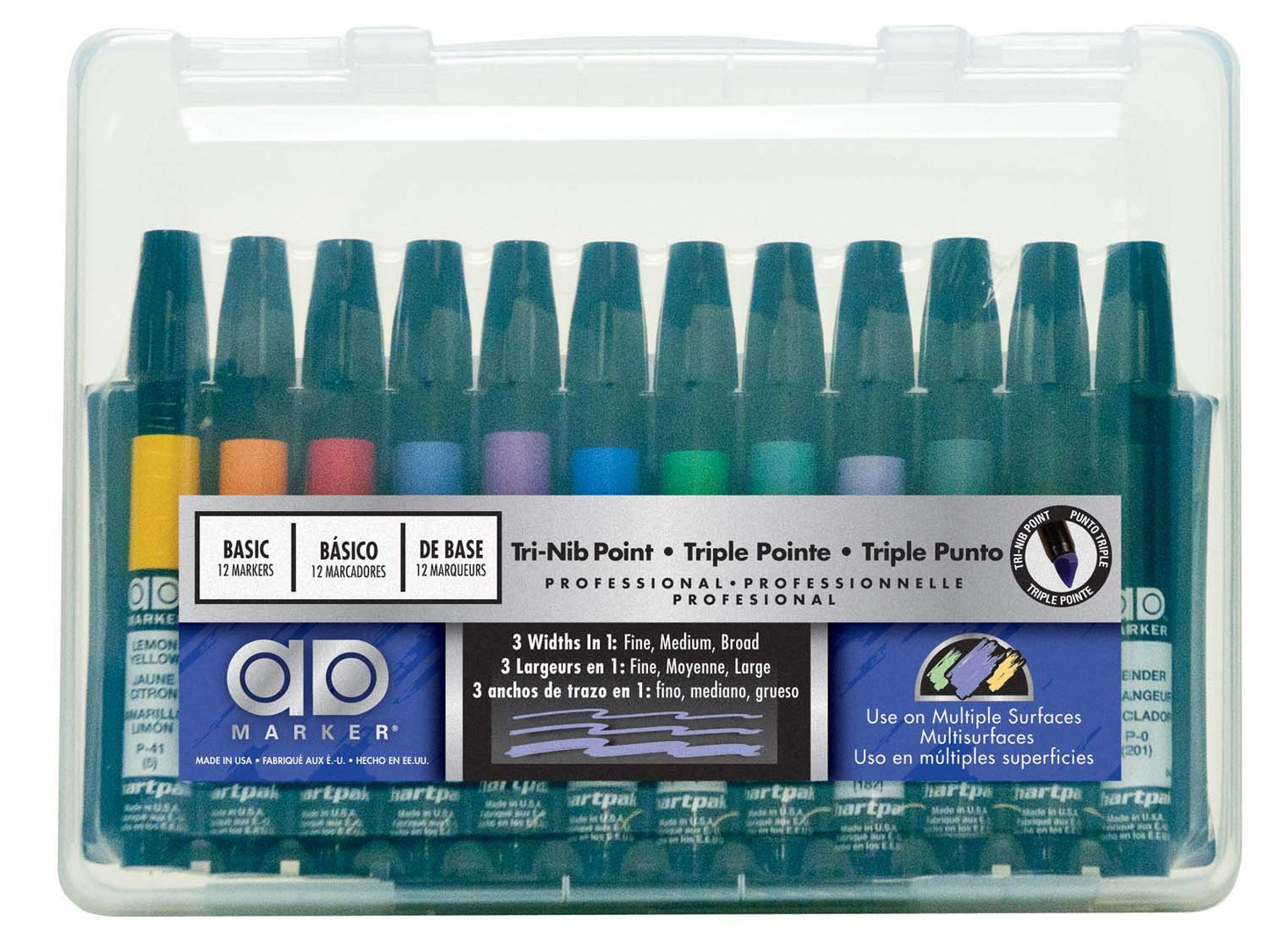 Set of 12 assorted tri-nib markers in case