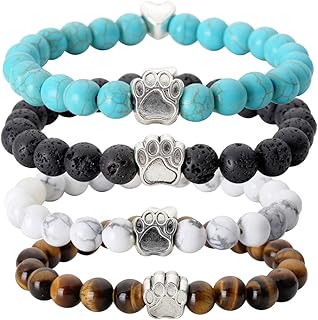 Set of four beaded stretch bracelets with stone paw charms