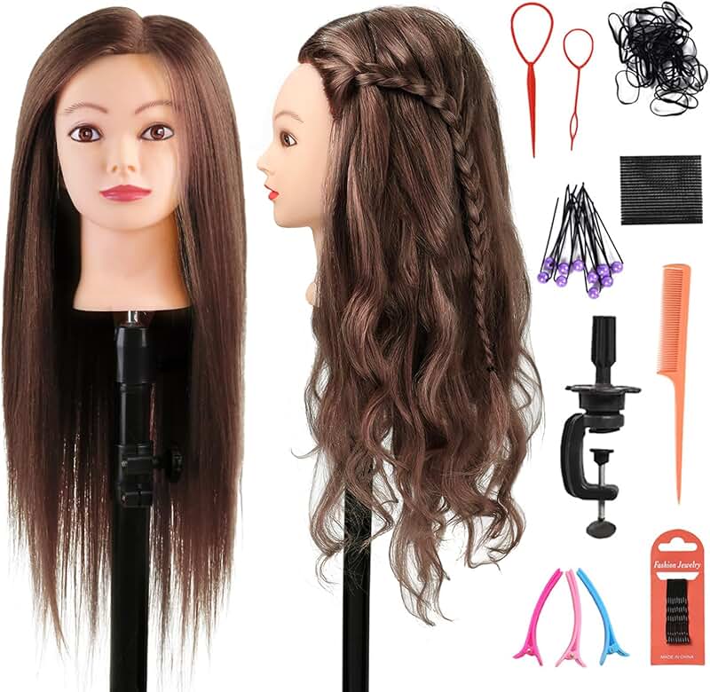 Mannequin Head with Human Hair and Tools for Practice
