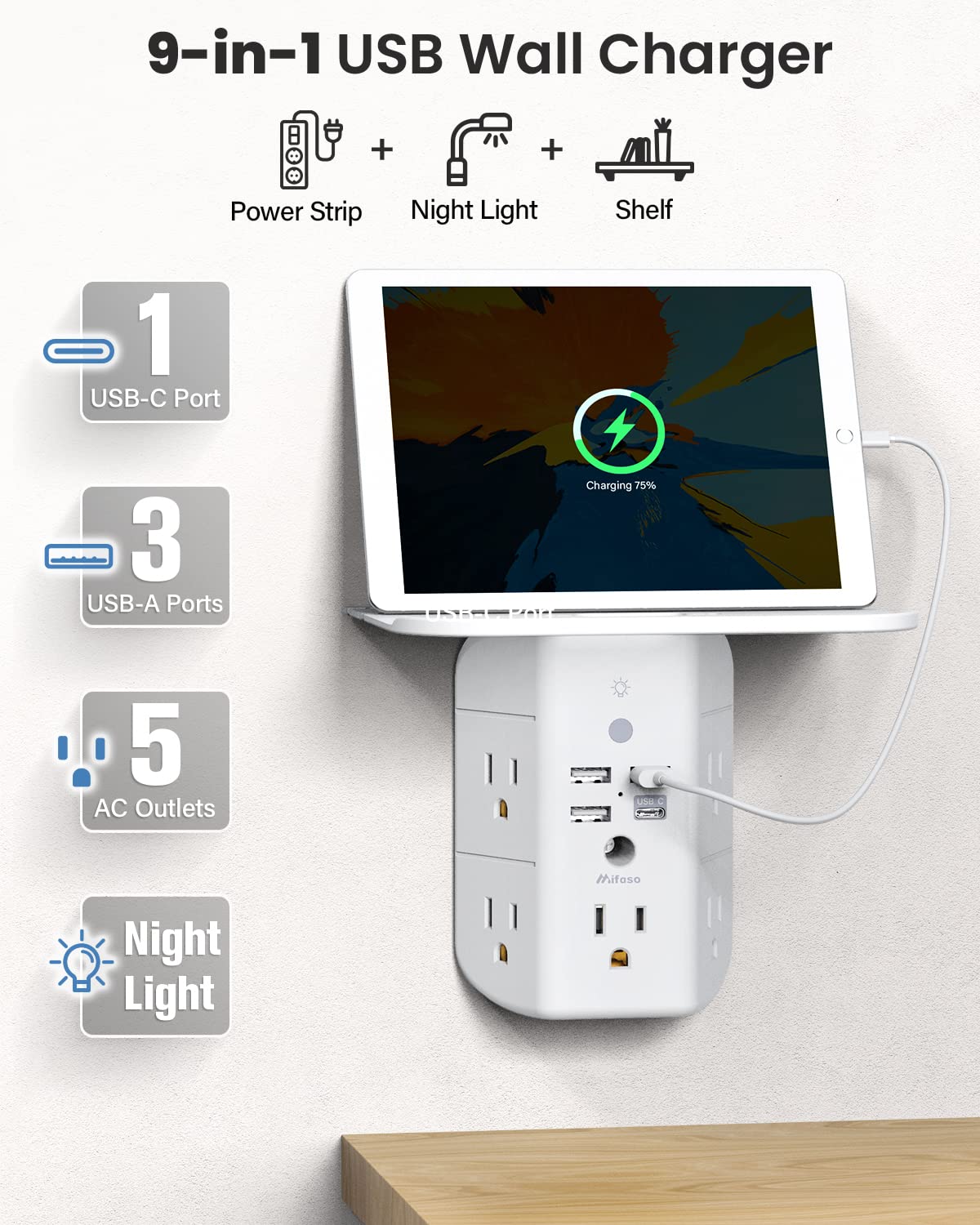 Wall Outlet Extender with Shelf and Night Light,Surge Protector,USB Wall Charger with 5 USB Outlets and 3 USB Ports 1 USB C Outlet Wide Space 3-Sided Power Strip Multi Plug Outlets