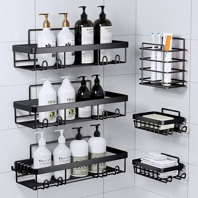 Black Stainless Steel Shower Caddy with 6 Wall Baskets
