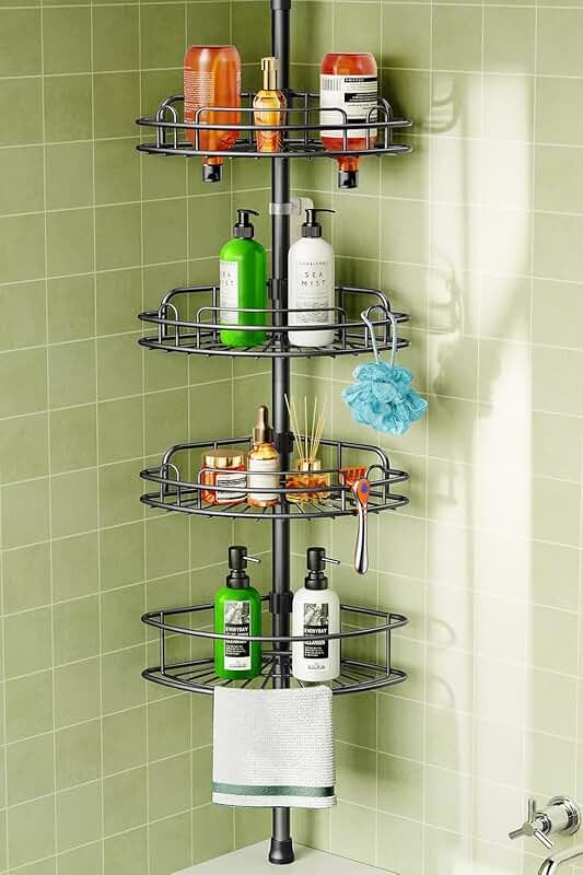 Corner Shower Caddy with Adjustable Tension Pole, 4 Tiers