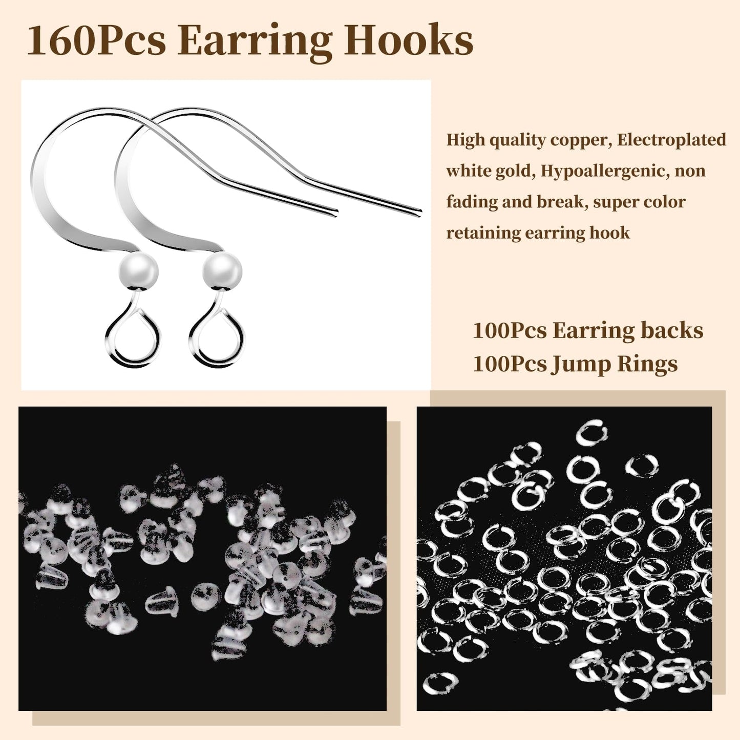 White Gold Earring Hooks with Silicone Backs and Jump Rings for DIY Jewelry