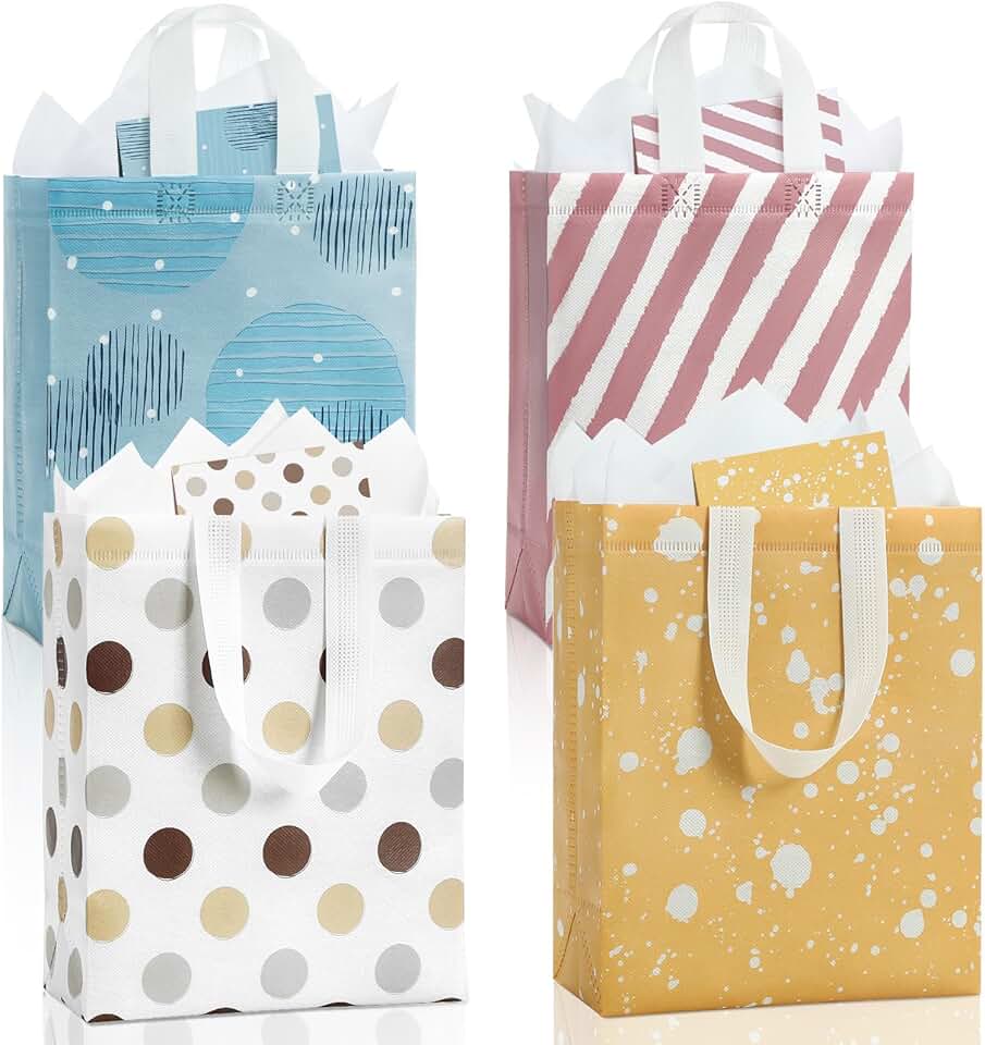 Set of four 10-inch gift bags with tissue and cards