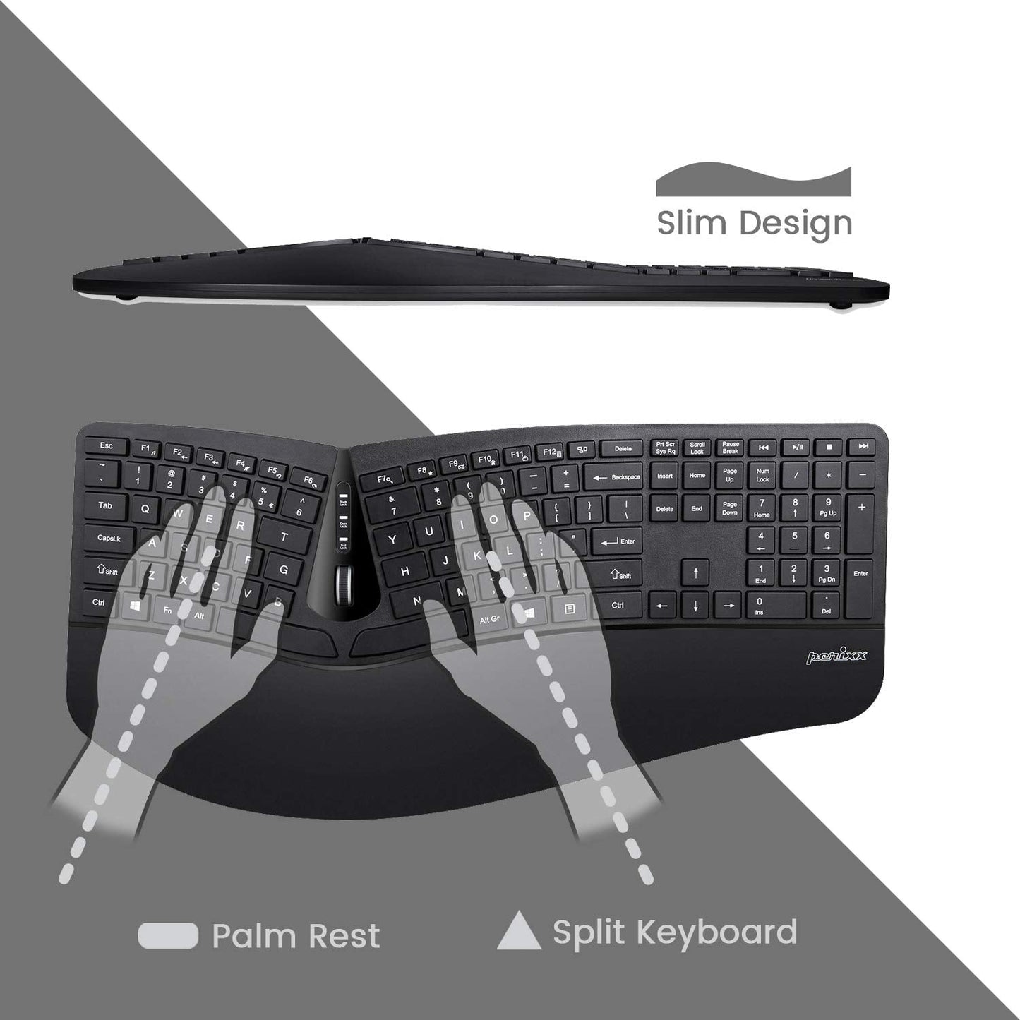 Periduo-605, Wireless Ergonomic Split Keyboard and Vertical Mouse Combo, Adjustable Palm Rest and Membrane Low Profile Keys, Black, US English Layout (11633)