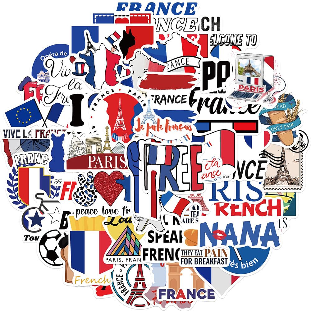 50 Waterproof French Vinyl Stickers for Water Bottles and More