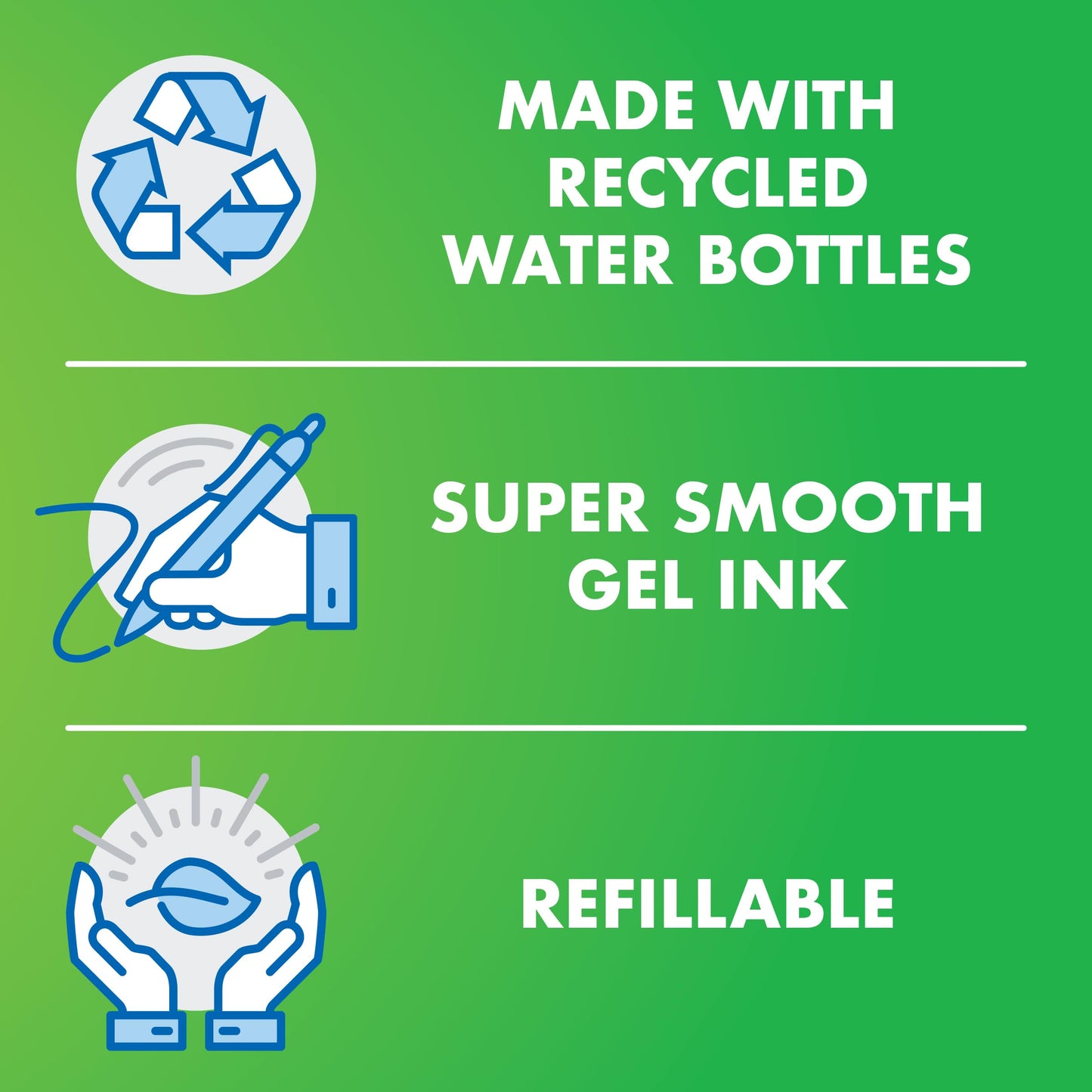 Refillable Blue Gel Pen from Recycled Bottles, 12 Pack