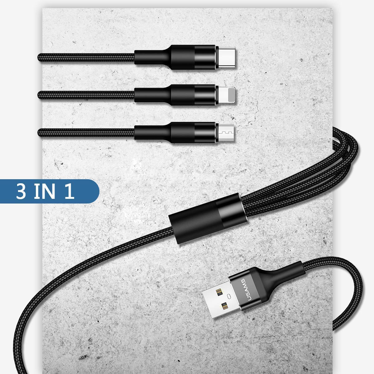 [2 Pack] Multi Charging Cable,YO 3 in 1 Nylon Braided Multi USB Cable Multiple Charger Fast Charging Cord Compatible with Most Smart Phones & Pads - 5ft/ Black